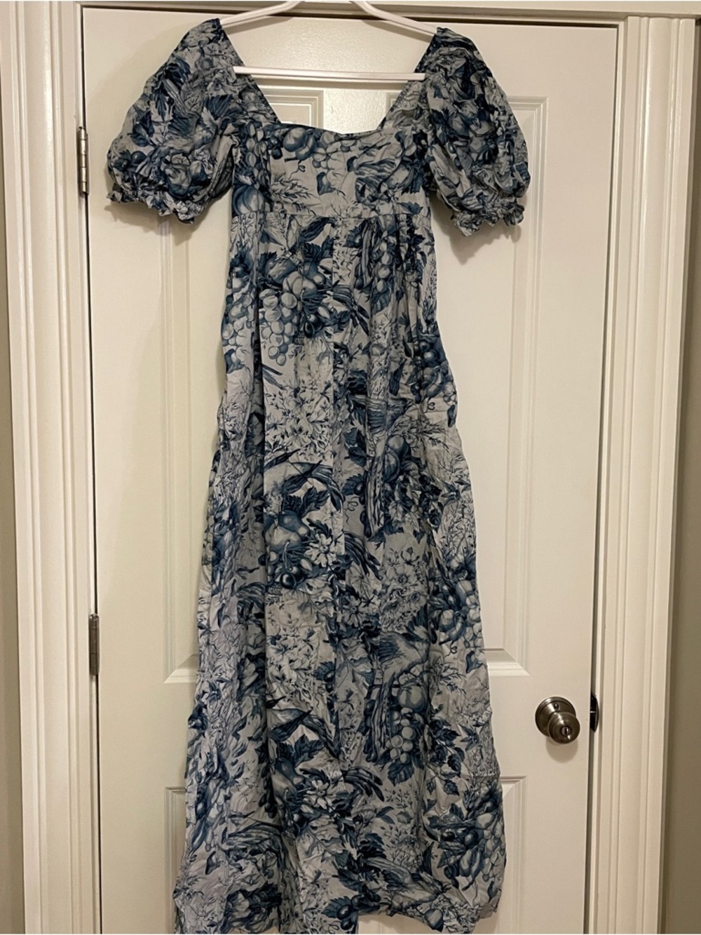 Selkie Blue and White Floral Puff Sleeve Maxi Jumpsuit
